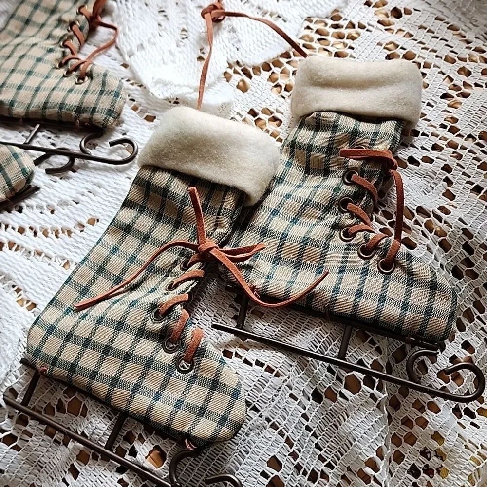 3 Pair Vintage Plaid Hanging Fabric Ice Skate Decorations